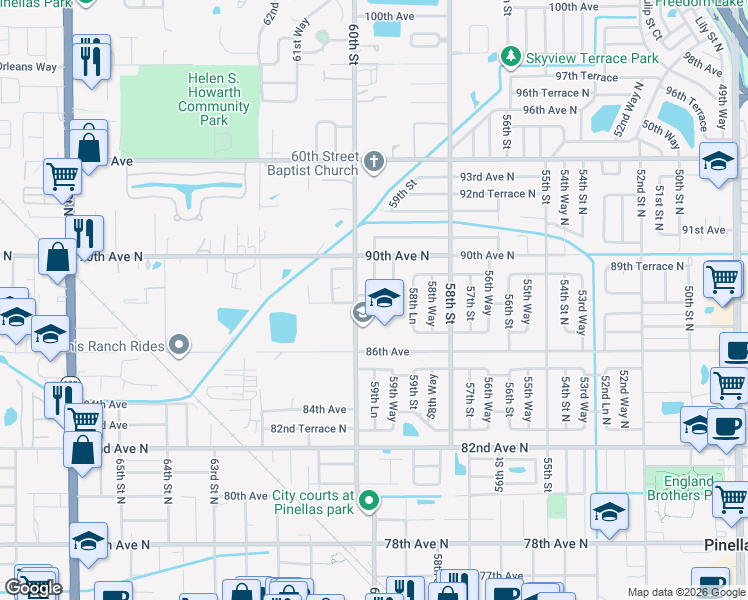 map of restaurants, bars, coffee shops, grocery stores, and more near 5960 89th Avenue in Pinellas Park