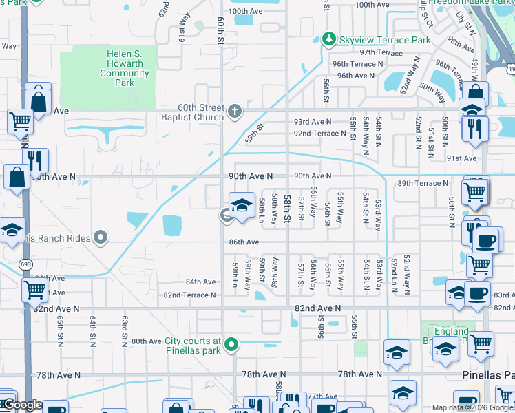 map of restaurants, bars, coffee shops, grocery stores, and more near 8800 58th Lane in Pinellas Park