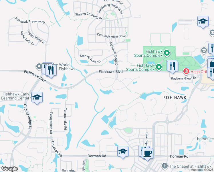 map of restaurants, bars, coffee shops, grocery stores, and more near 5821 Fishhawk Ridge Drive in Lithia