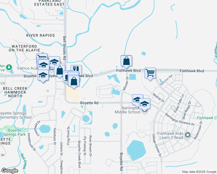 map of restaurants, bars, coffee shops, grocery stores, and more near 13621 Circa Crossing Drive in Lithia
