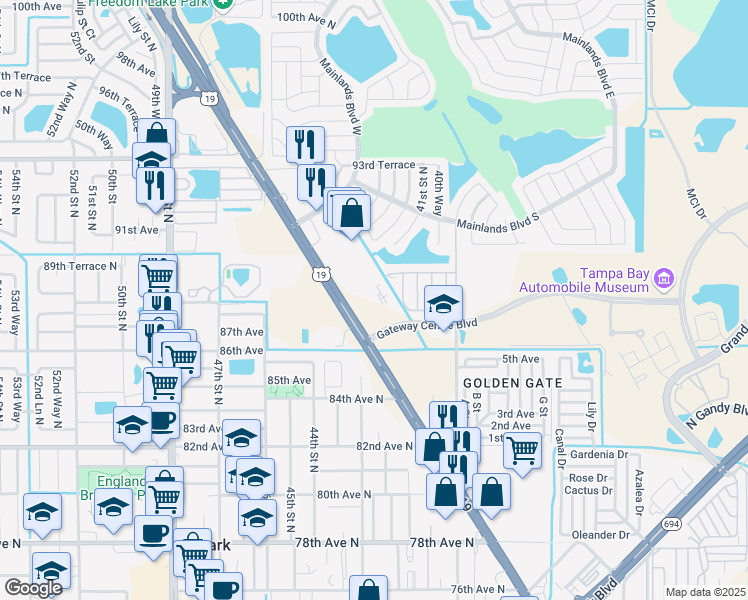 map of restaurants, bars, coffee shops, grocery stores, and more near 8851 US Highway 19 North in Pinellas Park
