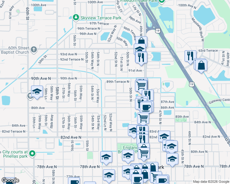 map of restaurants, bars, coffee shops, grocery stores, and more near 5195 88th Avenue North in Pinellas Park