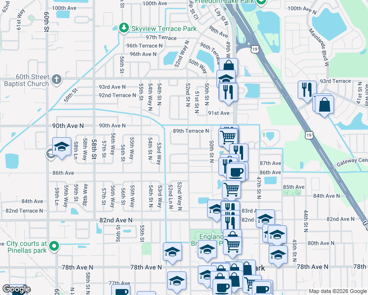 map of restaurants, bars, coffee shops, grocery stores, and more near 5195 88th Avenue North in Pinellas Park