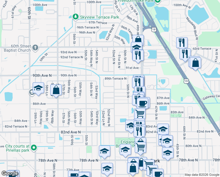 map of restaurants, bars, coffee shops, grocery stores, and more near 5280 88th Terrace North in Pinellas Park