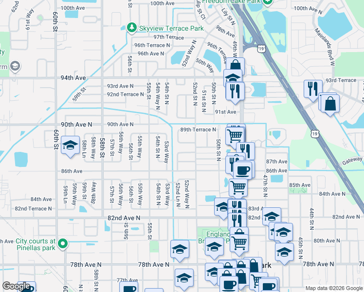 map of restaurants, bars, coffee shops, grocery stores, and more near 5280 88th Terrace North in Pinellas Park