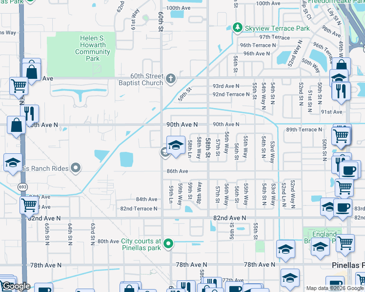 map of restaurants, bars, coffee shops, grocery stores, and more near 8800 58th Lane in Pinellas Park