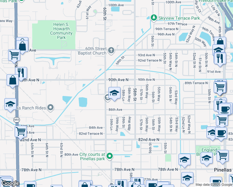 map of restaurants, bars, coffee shops, grocery stores, and more near 8800 58th Lane in Pinellas Park