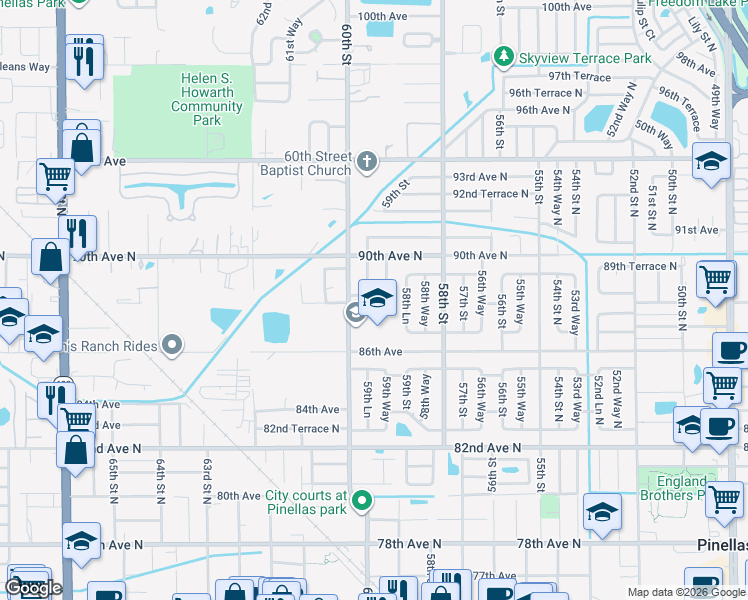 map of restaurants, bars, coffee shops, grocery stores, and more near 5984 89th Avenue in Pinellas Park