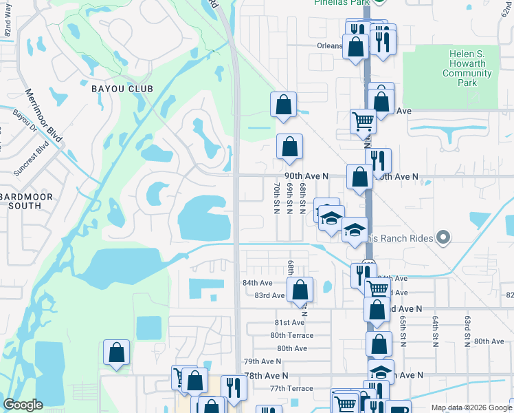 map of restaurants, bars, coffee shops, grocery stores, and more near 7040 88th Avenue North in Pinellas Park