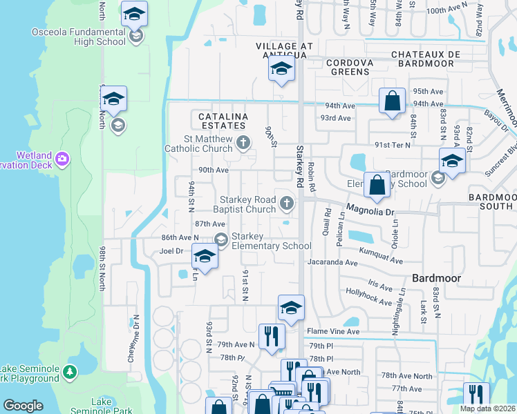 map of restaurants, bars, coffee shops, grocery stores, and more near 8761 91st Street North in Seminole