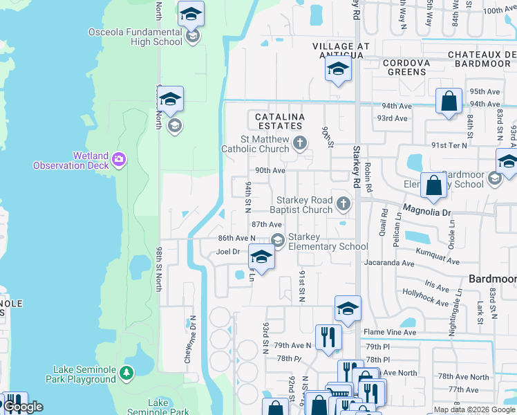 map of restaurants, bars, coffee shops, grocery stores, and more near 9355 87th Terrace in Seminole