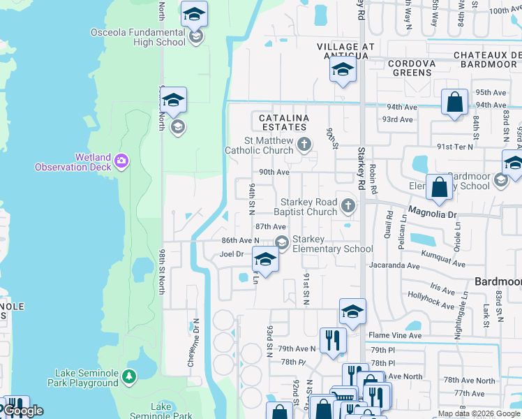 map of restaurants, bars, coffee shops, grocery stores, and more near 9355 87th Terrace in Seminole