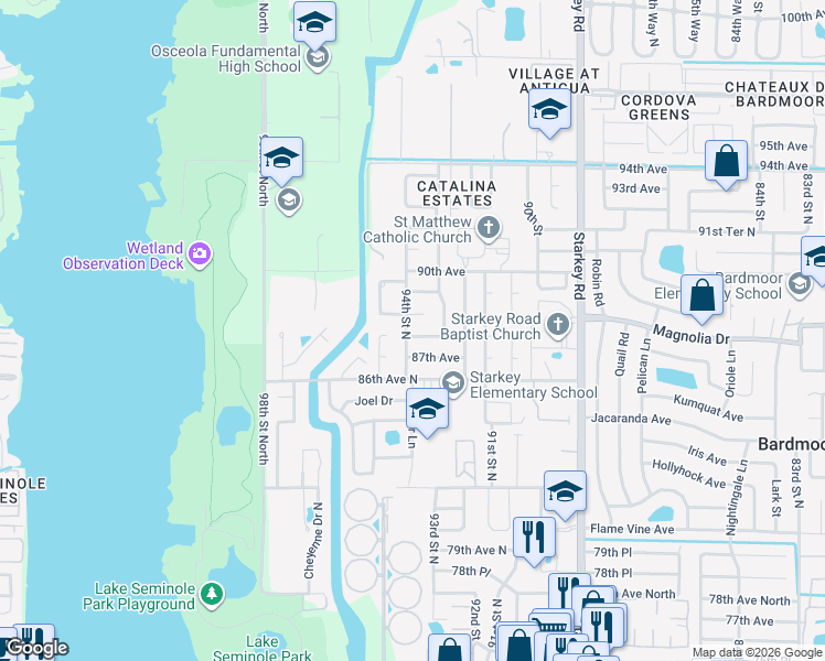 map of restaurants, bars, coffee shops, grocery stores, and more near 9355 87th Terrace in Seminole