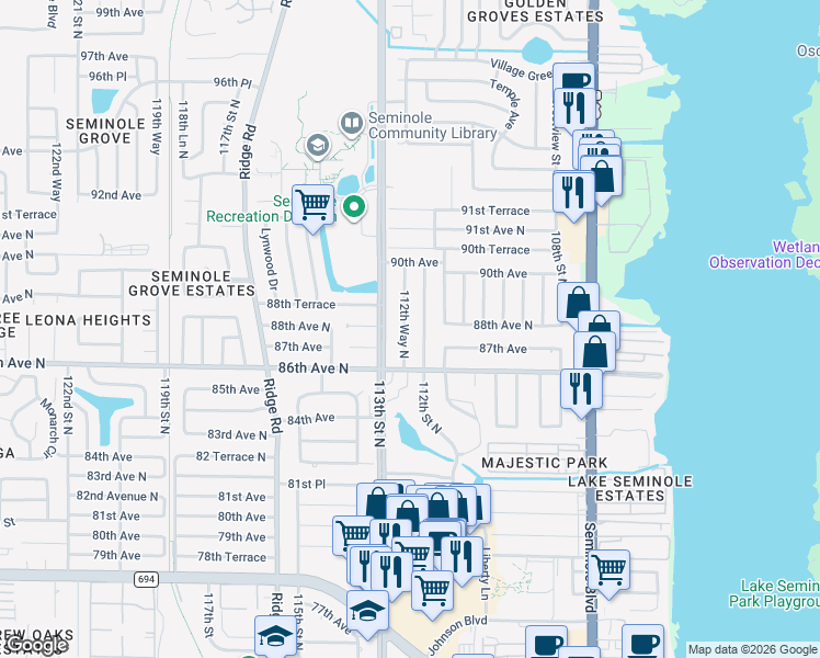 map of restaurants, bars, coffee shops, grocery stores, and more near 8736 112th Street North in Seminole