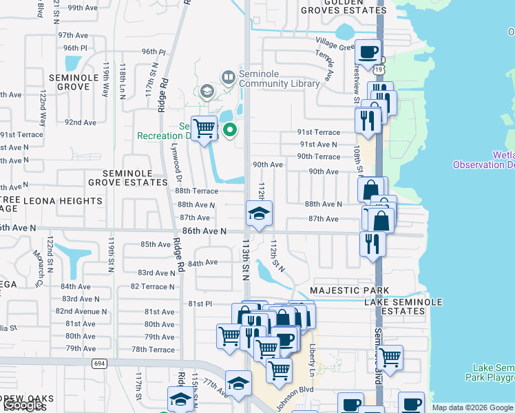 map of restaurants, bars, coffee shops, grocery stores, and more near 8736 112th Street North in Seminole