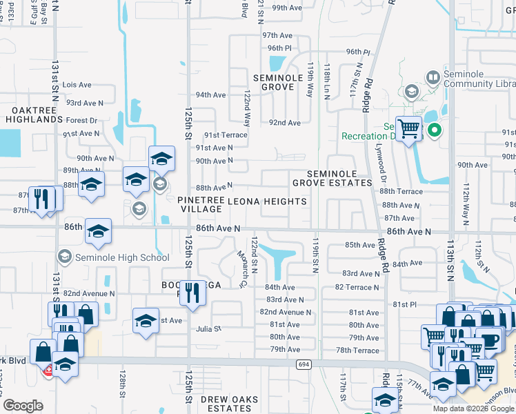 map of restaurants, bars, coffee shops, grocery stores, and more near 8712 Matthew Street in Seminole
