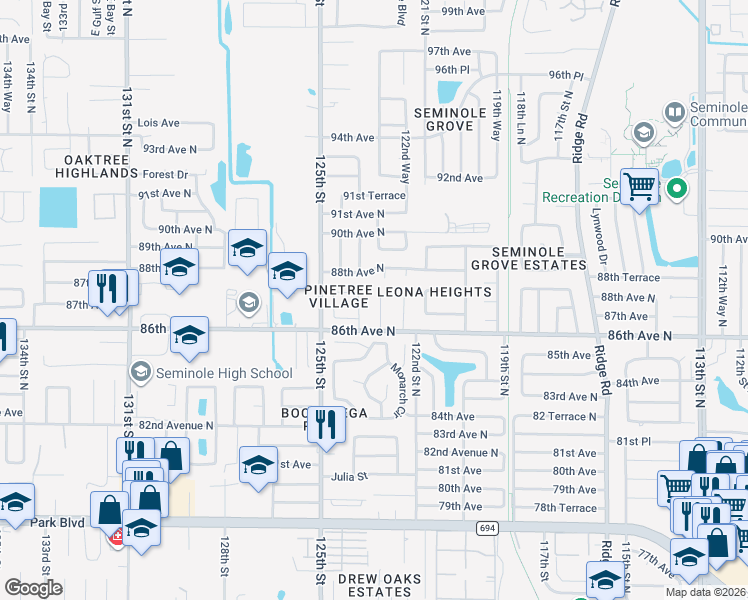 map of restaurants, bars, coffee shops, grocery stores, and more near 8707 124th Way in Seminole