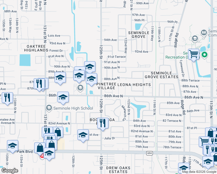 map of restaurants, bars, coffee shops, grocery stores, and more near 8660 Pinetree Drive West in Seminole