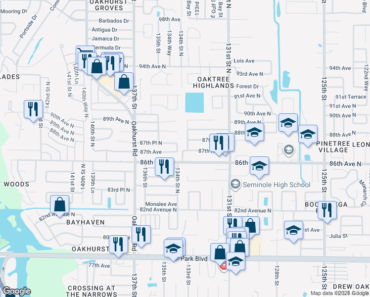 map of restaurants, bars, coffee shops, grocery stores, and more near 8700 134th Street North in Seminole