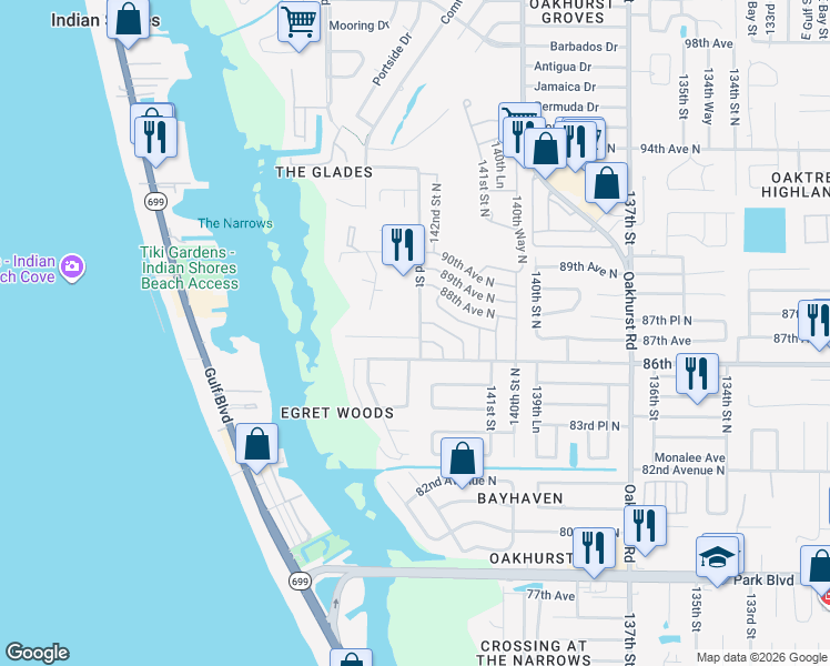 map of restaurants, bars, coffee shops, grocery stores, and more near 8647 143rd Street in Seminole
