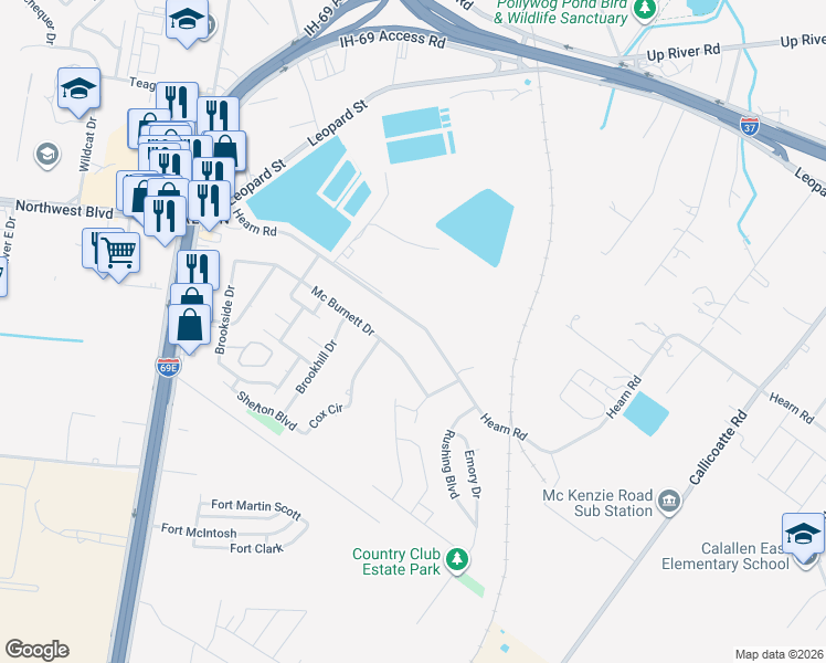 map of restaurants, bars, coffee shops, grocery stores, and more near 12937 Hearn Road in Corpus Christi