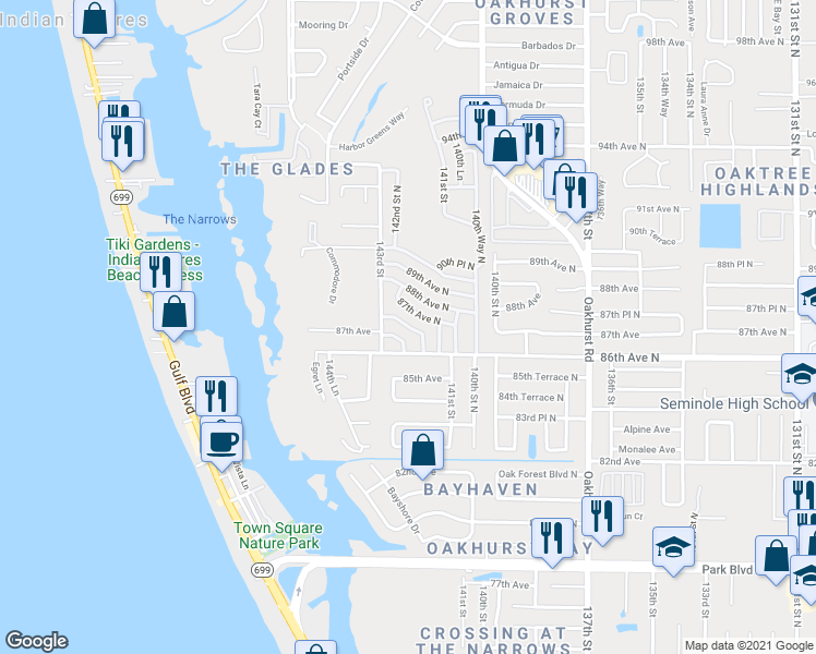 map of restaurants, bars, coffee shops, grocery stores, and more near 14250 86th Terrace North in Seminole