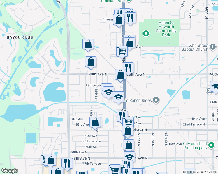 map of restaurants, bars, coffee shops, grocery stores, and more near 6702 88th Avenue North in Pinellas Park