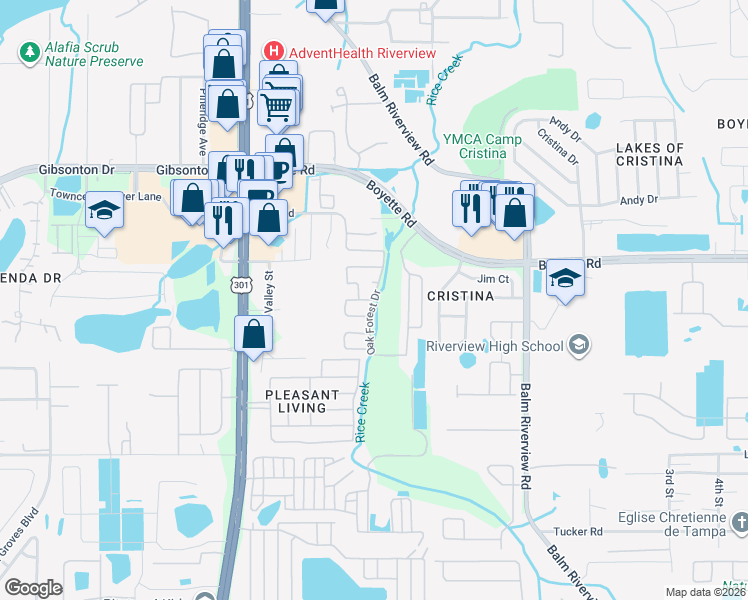 map of restaurants, bars, coffee shops, grocery stores, and more near 10920 Tall Oak Circle in Riverview