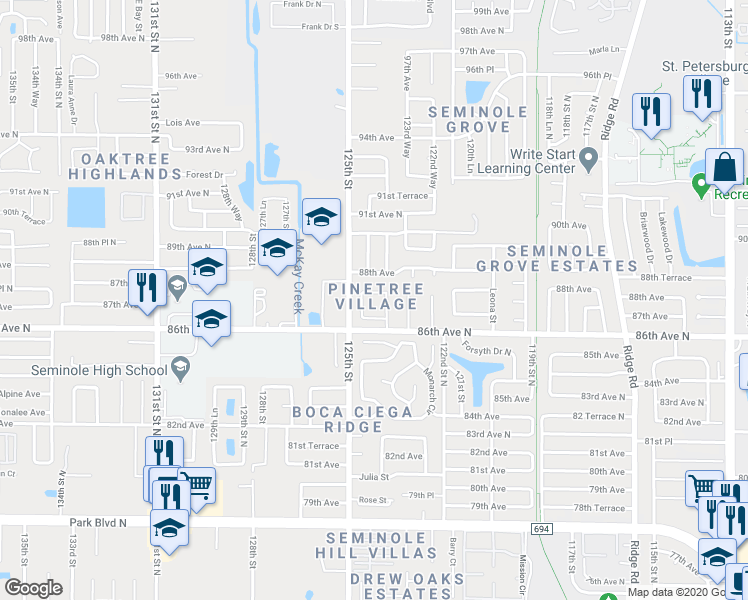map of restaurants, bars, coffee shops, grocery stores, and more near 8660 Pinetree Drive West in Seminole