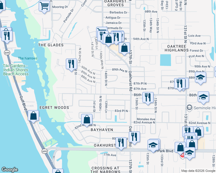 map of restaurants, bars, coffee shops, grocery stores, and more near 13951 87th Avenue in Seminole