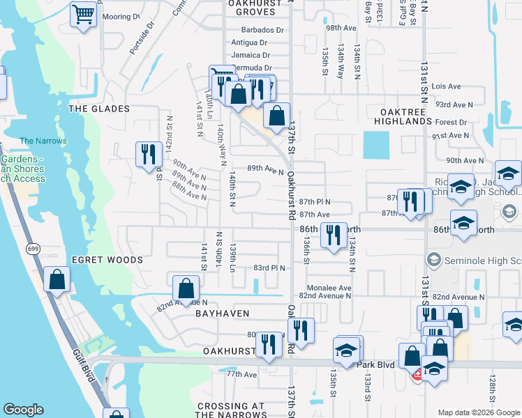 map of restaurants, bars, coffee shops, grocery stores, and more near 13841 87th Avenue in Seminole