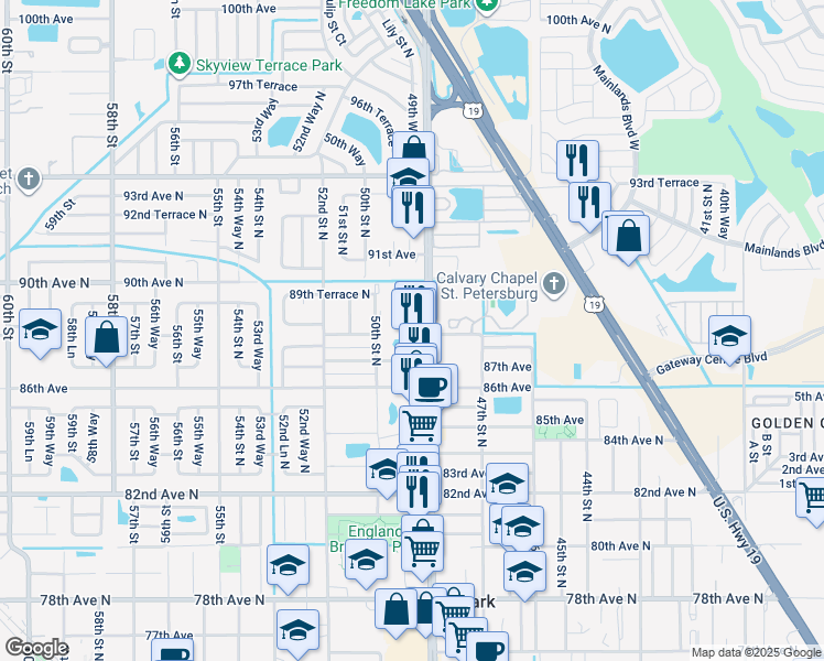 map of restaurants, bars, coffee shops, grocery stores, and more near 88th Avenue North in Pinellas Park