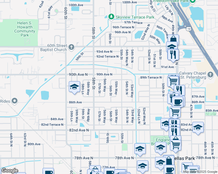 map of restaurants, bars, coffee shops, grocery stores, and more near 8800 56th Street in Pinellas Park