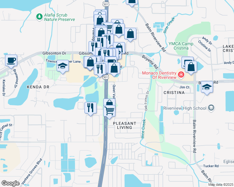 map of restaurants, bars, coffee shops, grocery stores, and more near Oakside Park Drive in Riverview