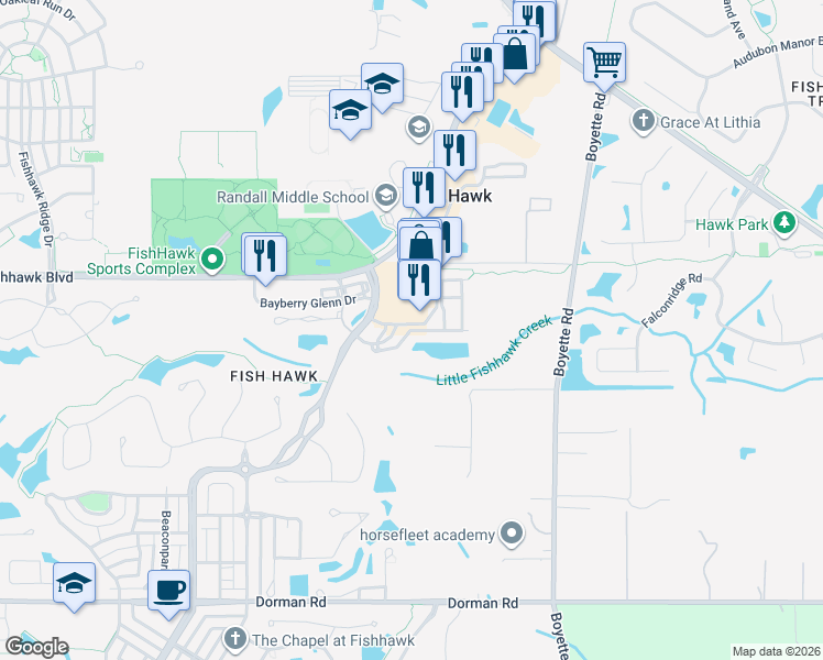 map of restaurants, bars, coffee shops, grocery stores, and more near 16442 Kingletridge Avenue in Lithia