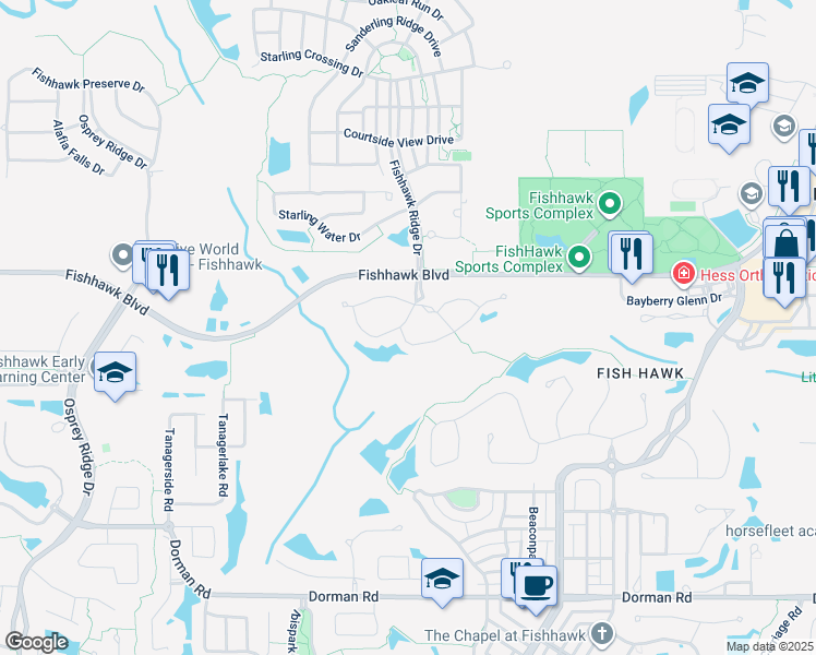 map of restaurants, bars, coffee shops, grocery stores, and more near 5722 Fishhawk Ridge Drive in Lithia