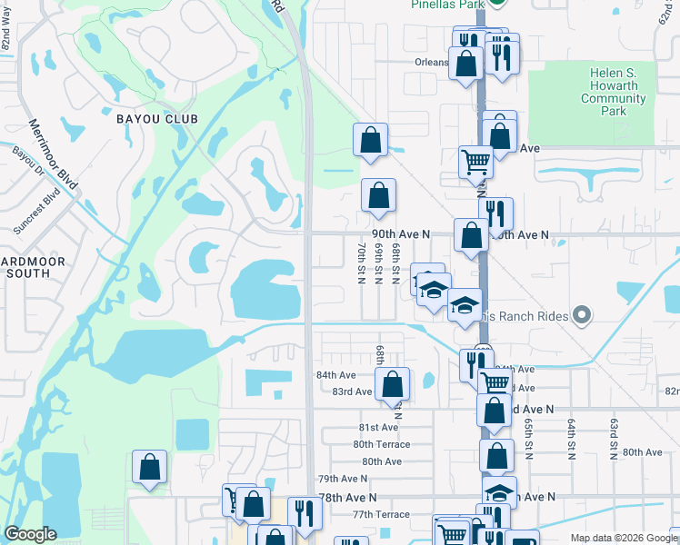 map of restaurants, bars, coffee shops, grocery stores, and more near 7040 88th Avenue North in Pinellas Park