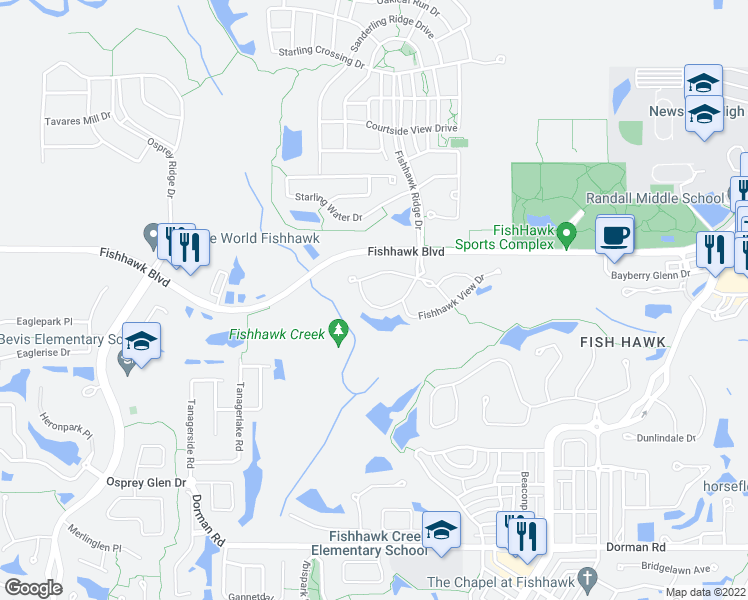 map of restaurants, bars, coffee shops, grocery stores, and more near 5821 Fishhawk Ridge Drive in Lithia