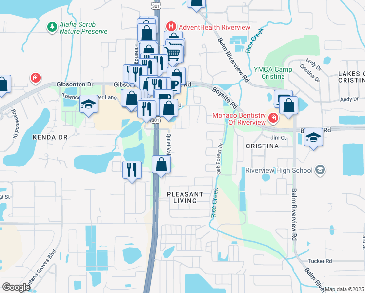 map of restaurants, bars, coffee shops, grocery stores, and more near Oakside Park Drive in Riverview