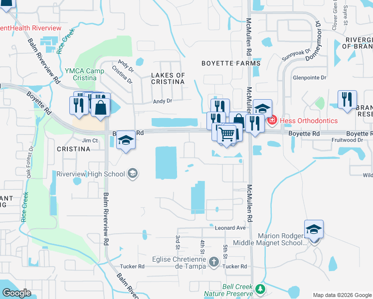 map of restaurants, bars, coffee shops, grocery stores, and more near 11526 Cambium Crown Drive in Riverview