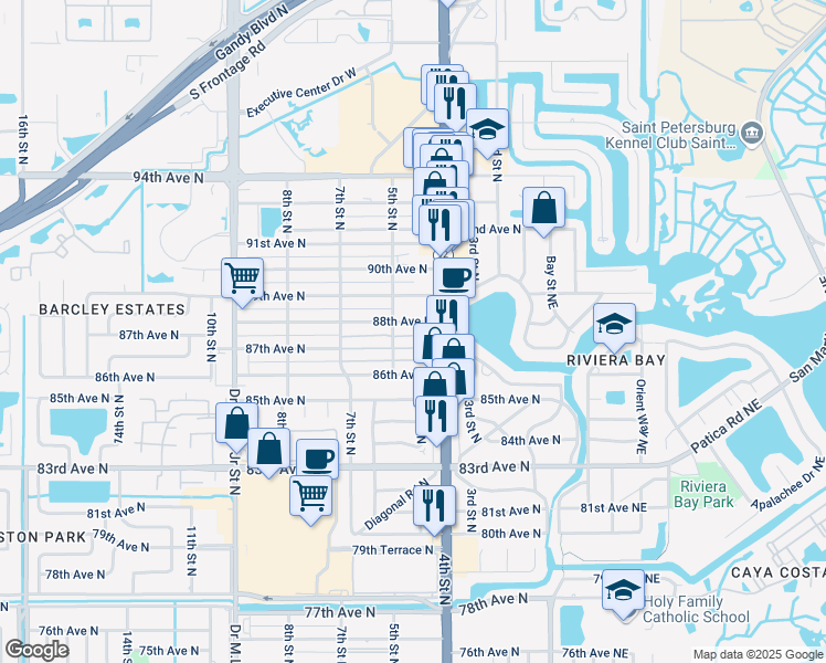 map of restaurants, bars, coffee shops, grocery stores, and more near 428 87th Terrace North in St. Petersburg