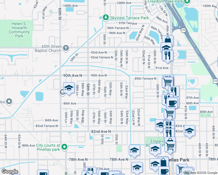 map of restaurants, bars, coffee shops, grocery stores, and more near 8800 56th Street in Pinellas Park
