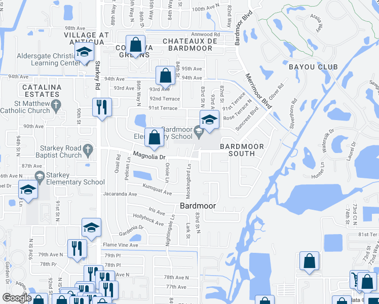 map of restaurants, bars, coffee shops, grocery stores, and more near 8813 Magnolia Court in Seminole
