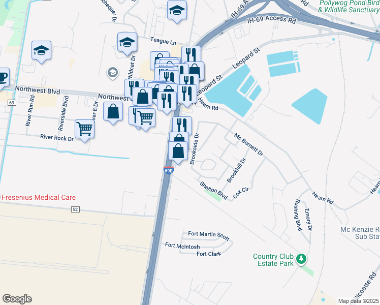 map of restaurants, bars, coffee shops, grocery stores, and more near 3701 Brookside Drive in Corpus Christi