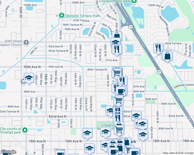 map of restaurants, bars, coffee shops, grocery stores, and more near 5195 88th Avenue North in Pinellas Park