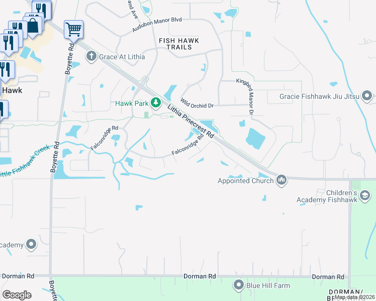 map of restaurants, bars, coffee shops, grocery stores, and more near 6011 Kiteridge Drive in Fish Hawk