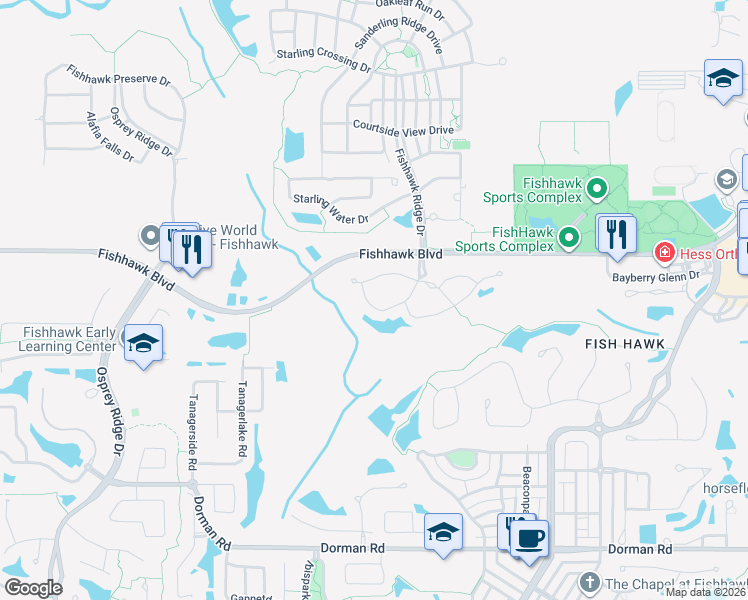 map of restaurants, bars, coffee shops, grocery stores, and more near 5861 Fishhawk Ridge Drive in Lithia