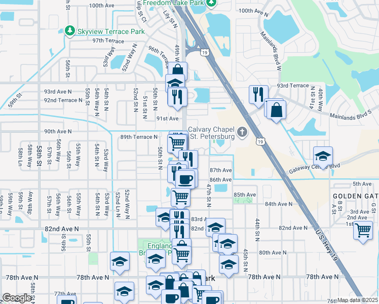 map of restaurants, bars, coffee shops, grocery stores, and more near 8825 49th Street North in Pinellas Park