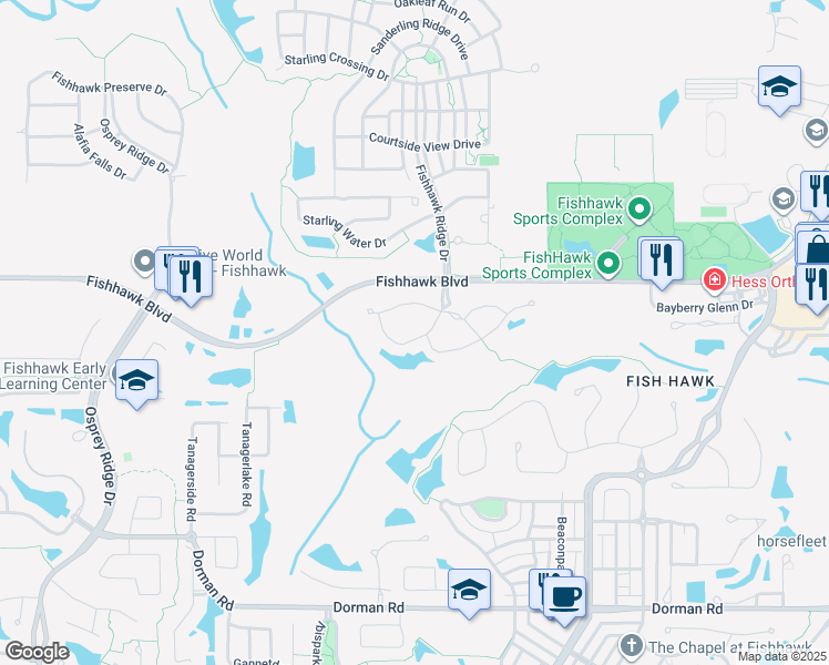 map of restaurants, bars, coffee shops, grocery stores, and more near 5821 Fishhawk Ridge Drive in Lithia