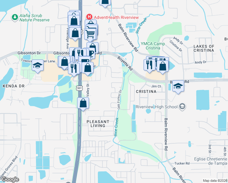 map of restaurants, bars, coffee shops, grocery stores, and more near 10904 Tall Oak Circle in Riverview